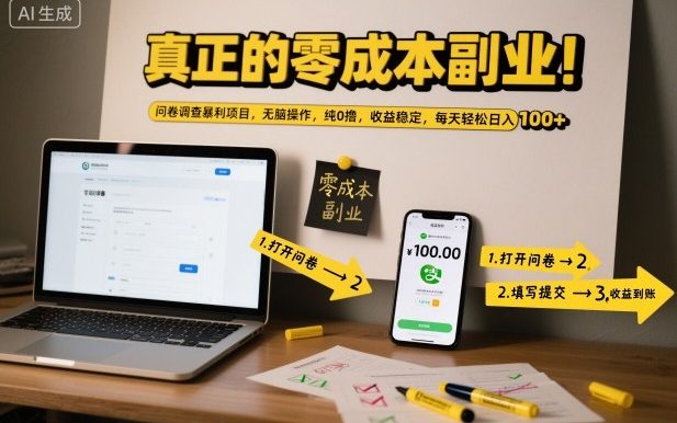 真正的零成本副业!问卷调查暴利项目,无脑操作,纯0撸,收益稳定,每天轻松日入100+【揭秘】