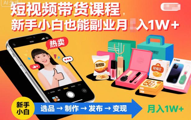 短视频带货课程,新手小白也能副业月入1W+,轻松搞定