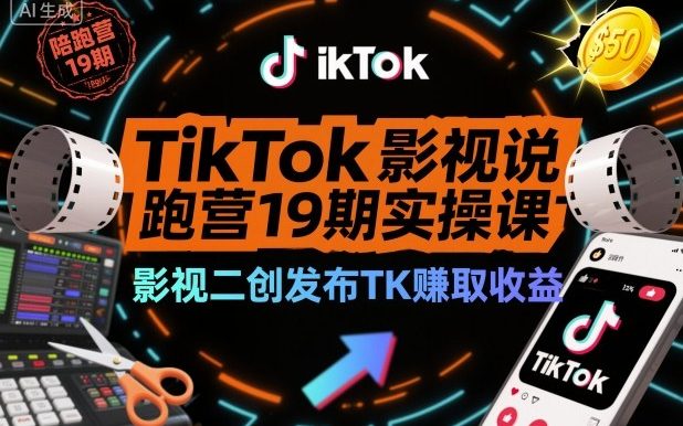 TikTok影视解说陪跑营19期实操课,影视二创发布TK賺取收益,万播收益50美金(更新)