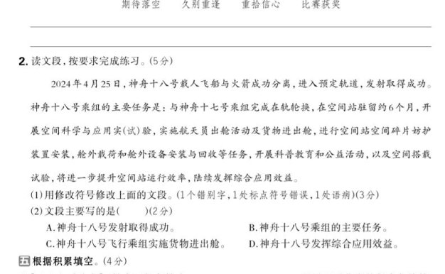 2024-2025学年五年级下语文期中综合素养评估卷