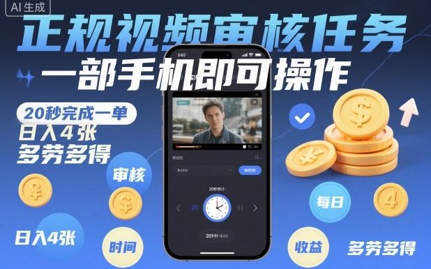 正规视频审核任务,一部手机即可操作,20秒完成一单,日入4张,多劳多得【揭秘】