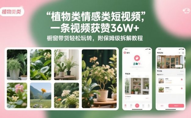 植物类情感类短视频，一条视频获赞36W+，橱窗带货轻松玩转，附保姆级拆解教程