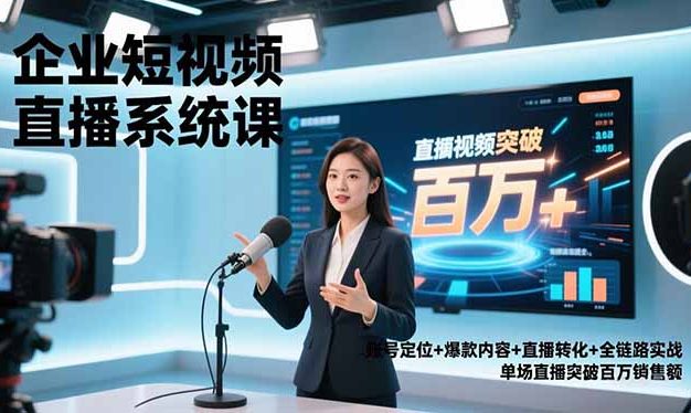 企业短视频直播系统课,账号定位+爆款内容+直播转化+全链路实战,单场直播突破百万销售额