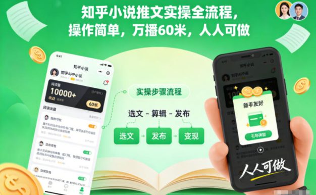 知乎小说推文实操全流程,操作简单,万播60米,人人可做