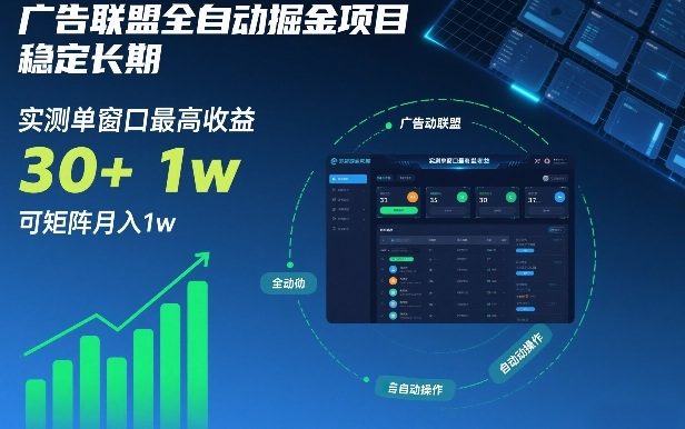 广告联盟全自动掘金项目，稳定长期，实测单窗口最高收益30+，可矩阵月入1w+【揭秘】