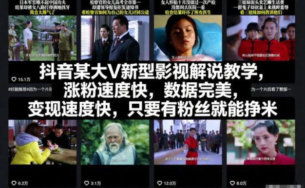 抖音某大V新型影视解说教学,涨粉速度快,数据完美,变现速度快,只要有粉丝就能挣米