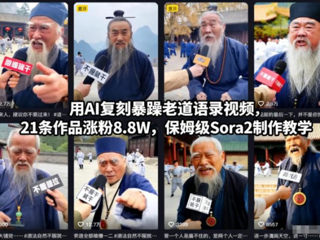用AI复刻暴躁老道语录视频,21条作品涨粉8.8W,保姆级Sora2制作教学
